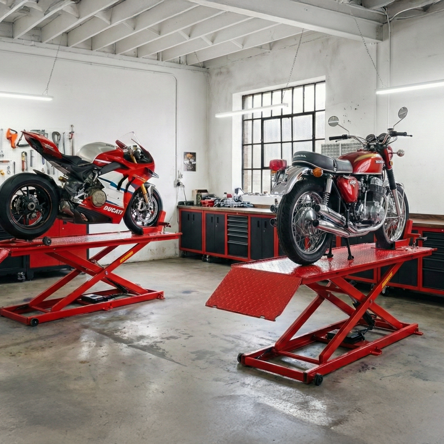 Motorrad Werkstatt von WMT Concept mit zwei Bikes auf Hebebühnen in heller Servicehalle in Berlin